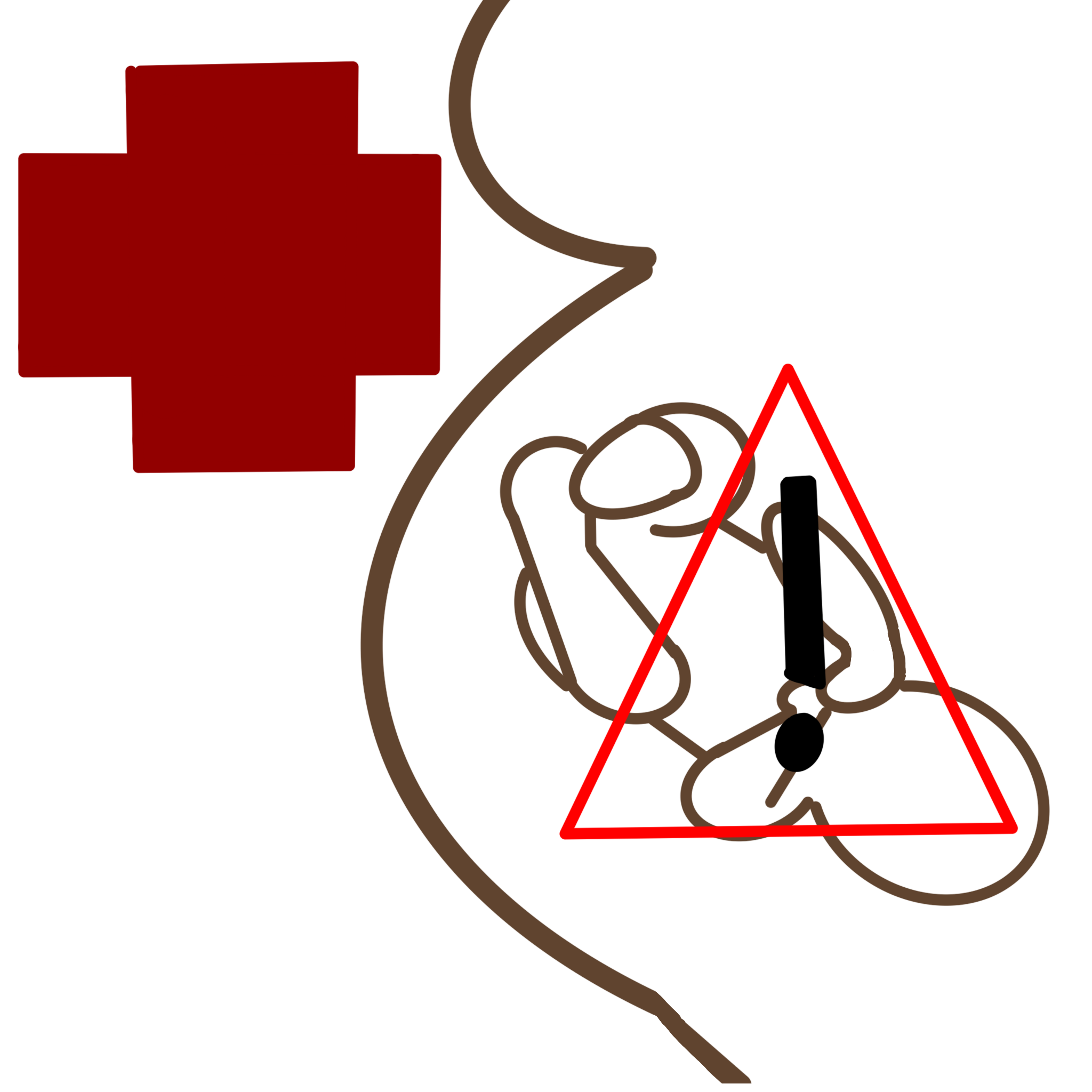A simple drawing of a dark skinned pregnant person. You can just see the pregnant persons breast and stomach. The child is also visible in the stomach. On top of the child is a bright orange triangle with a large black exclamation point in the middle. Next the pregnant person is a large red cross.